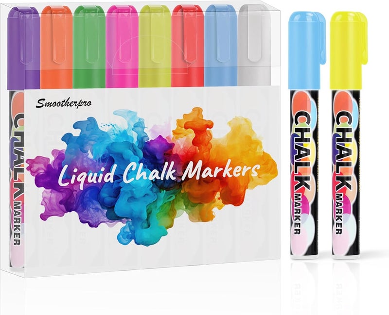 SMOOTHERPRO Chalk Marker, 10mm Liquid Chalk Markers, 3-in-1 Nib Washable Window markers for Glass Mirror, 8 Colors Erasable Chalkboard Markers for Blackboard - Image 1